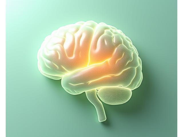 Representación visual de un cerebro humano iluminado con diferentes zonas, mostrando actividad neuronal calmada, con un sutil contraste entre áreas que representan la reducción del estrés y una mayor capacidad de concentración, usando los colores de la paleta.